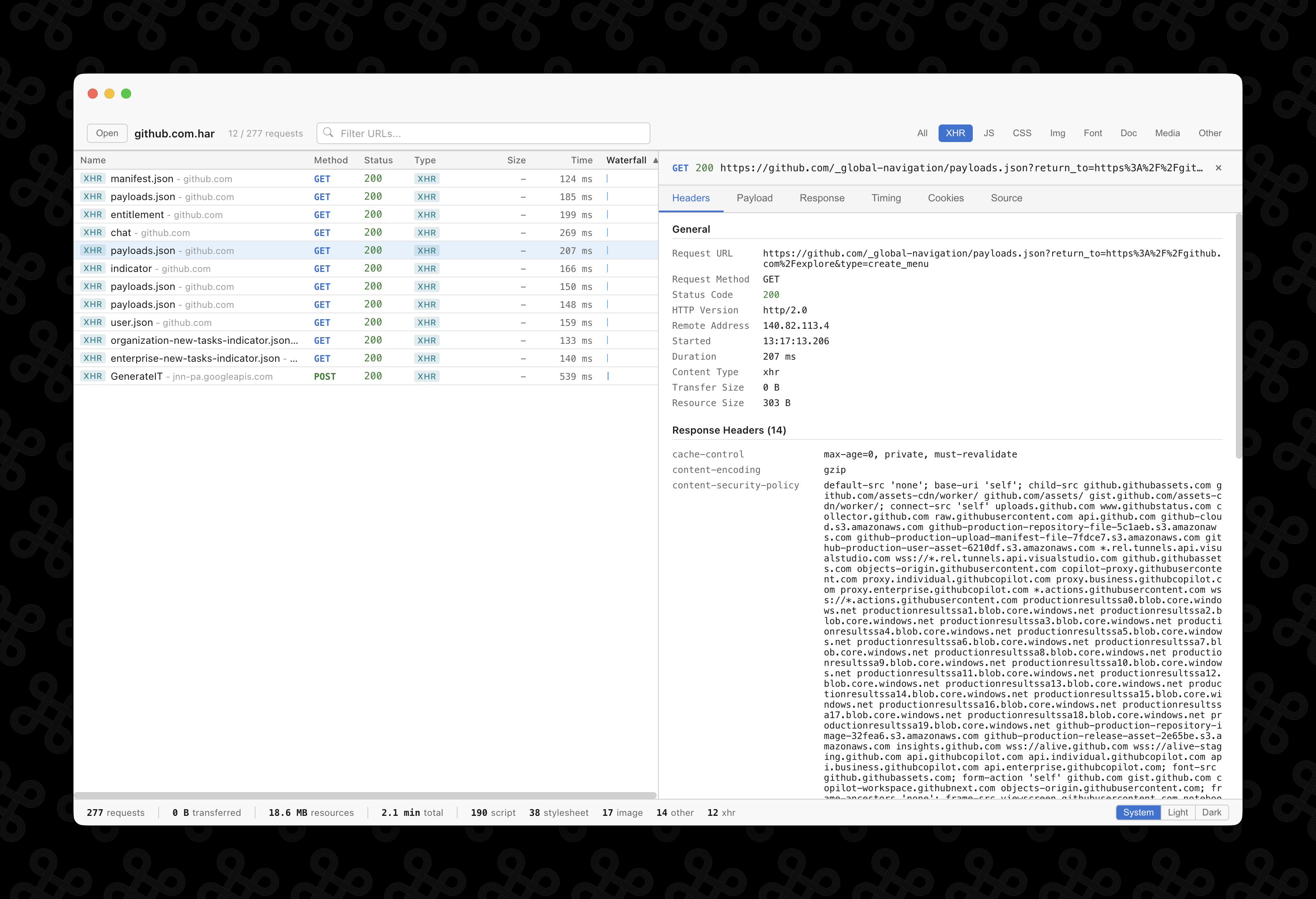 Detail panel showing headers for an XHR request