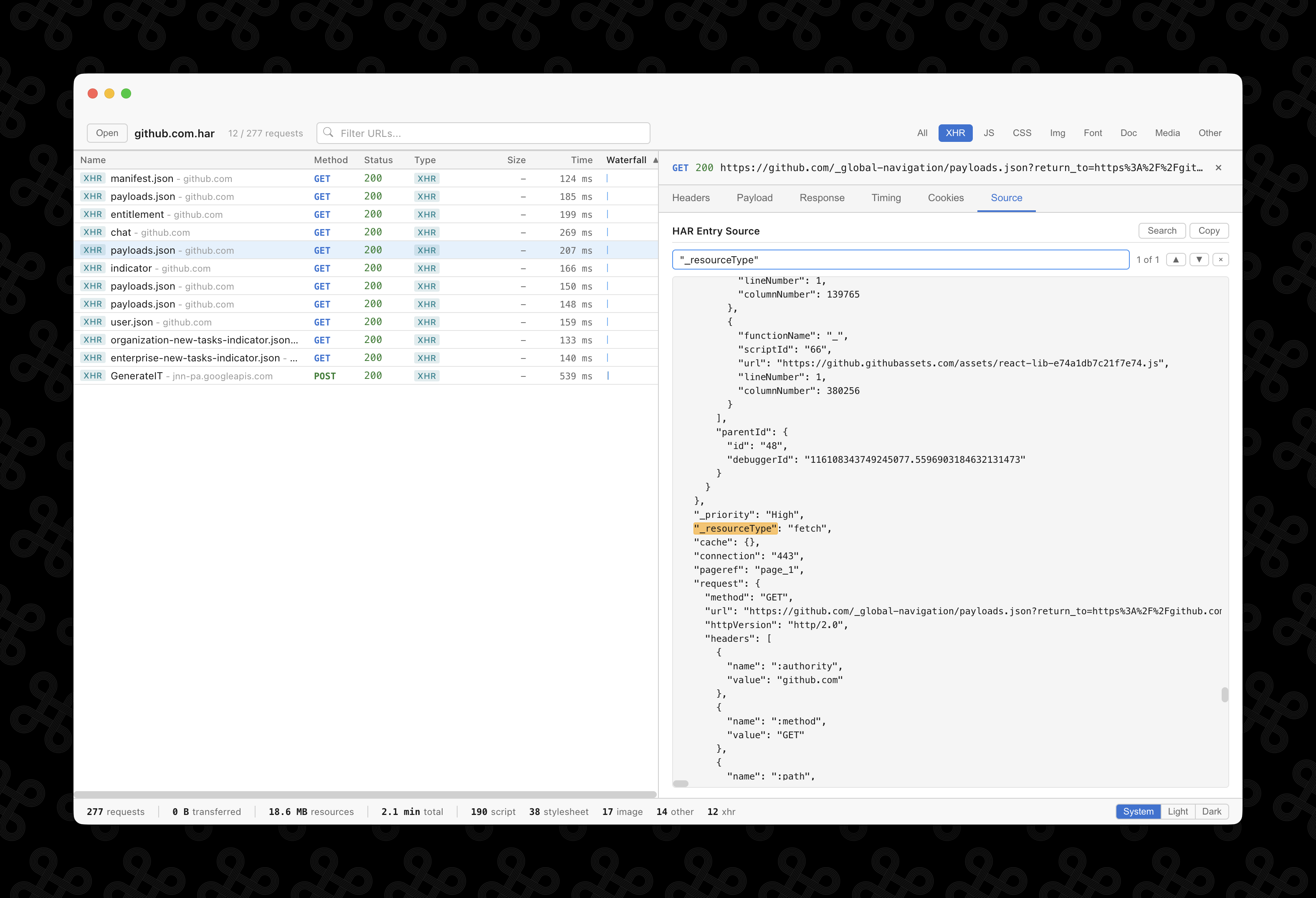Source tab with search highlighting